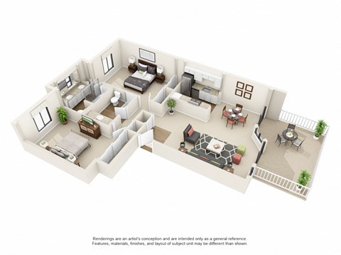 Floor plan for 2 beds, 2 baths, 1073 sqft